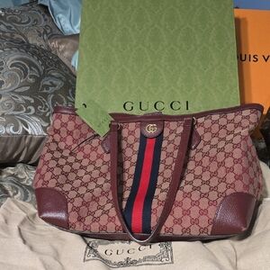 Gucci Red and Brown Tote Bag with Signature Design